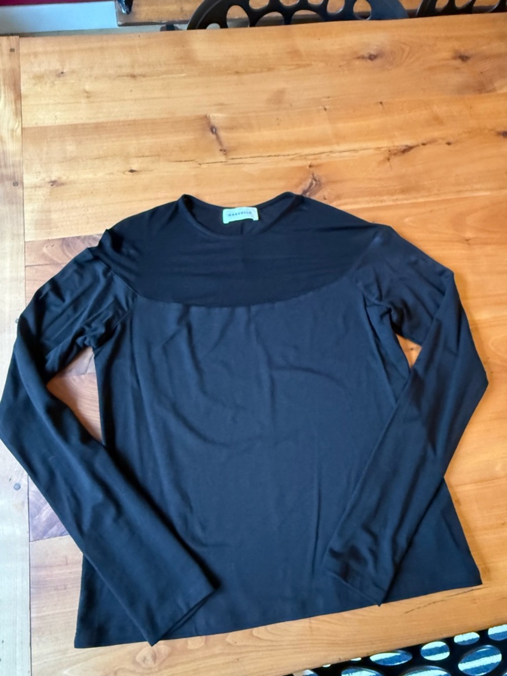 Marcella Black Long-Sleeve Crewneck Top with Yoke Detail